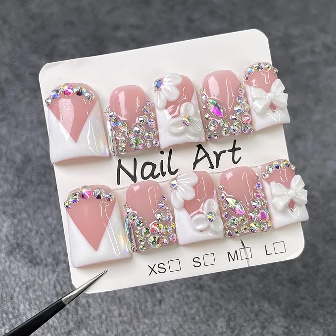10Pcs Short Duck Press on Nails Handmade Fake Nails French Tip False Nails with 3D Flower Bow Rhinestone Design Handmade Acrylic Nails Press onsSpring Summer Flower Stick on Nail for Women (M)