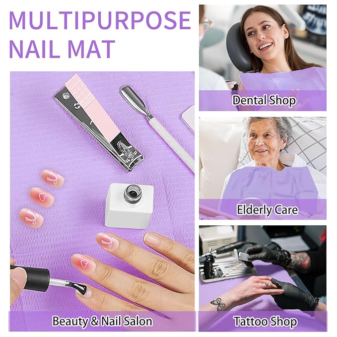 50pcs Disposable Nail Mats Foldable Nail Paper Towels for Table Acrylic Nail Practice Sheet, 3 Ply Waterproof Clean Nail Table Practice Mat for Salon Manicure Tattoo,Nail Art Accessories(Purple)
