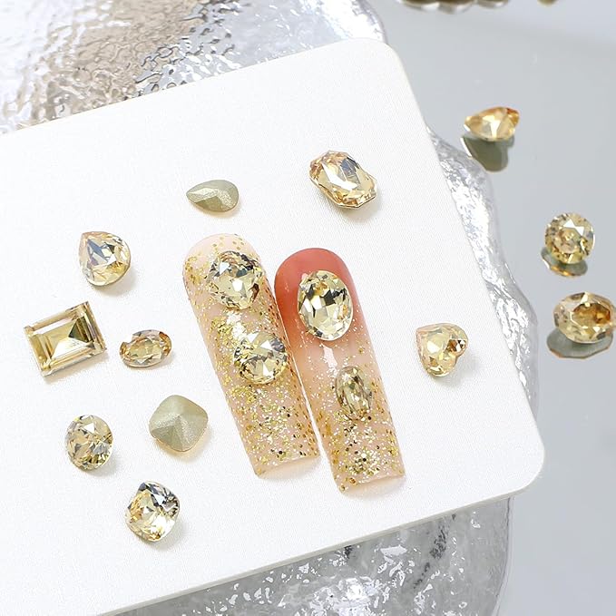 DONGZHOU 72pcs Mix Shape Nail Art Rhinestone,7 Styles Glass Nail Rhinestones Pointback Nail Gems Shiny 3D Nail Charms for Nail DIY Decorations Crafts,Golden Shadow