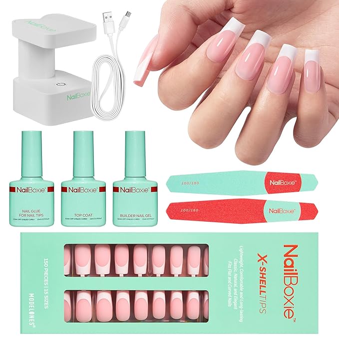 Modelones Gel Nail Kit, Top Coat, Nail Builder Gel and Nail Glue for Nail Tips, Press On Nails Kit with LED Light, 150 PCS Long Pink Square, 15 Sizes French Tip Press on Nails
