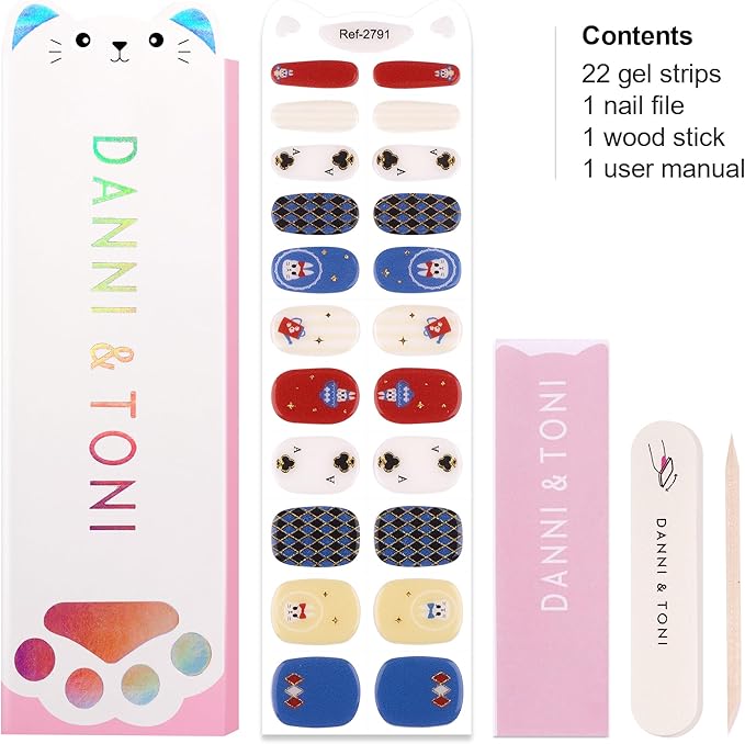 DANNI & TONI Kids Gel Nail Strips Bunny Poker Red Blue Salon-Quality Peel & Stick Manicure for Children (Age 6+)– Safe, Long-Lasting, Easy to Apply |Royal Sip