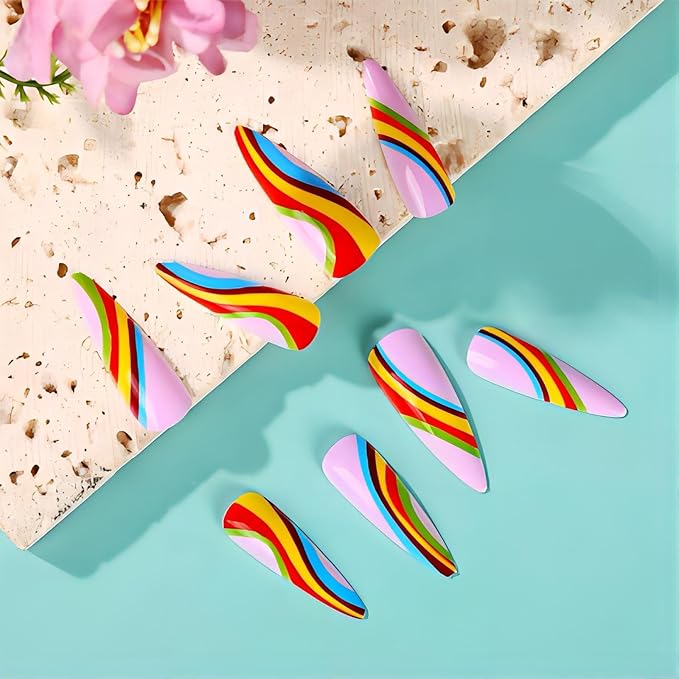 Fall Long Almond Tip Press on Nails xl Stiletto Shape Nails Press Ons Colorful Design Fake Nails Full Cover Glossy Acrylic False Nails Gift for Wemons 24pcs
