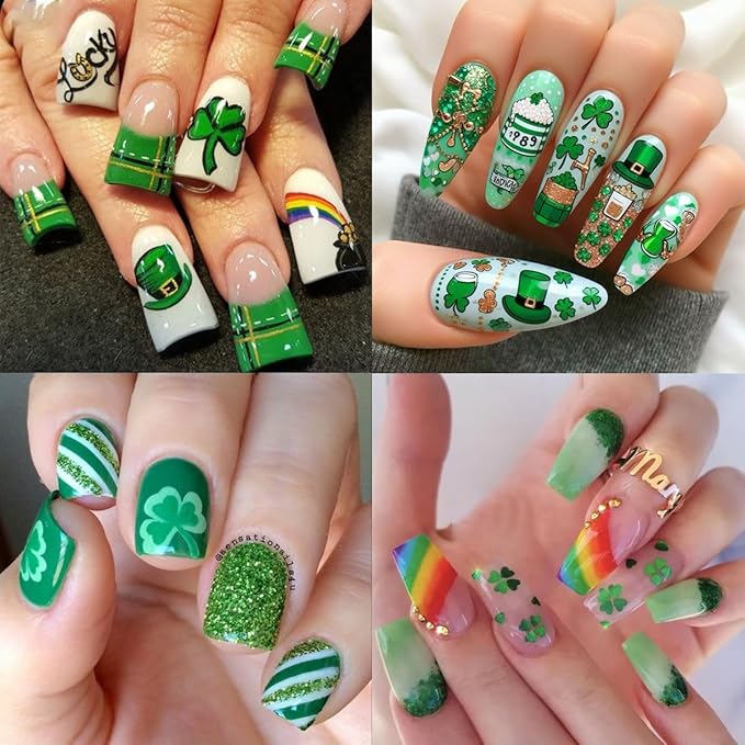 6Sheets St. Patrick's Day Nail Stickers 3D Rainbow Coin Hat Four Leaf Clover Design Spring Nail Decals Lucky Green Shamrock Nail Art Stickers for Women DIY Irish St. Patrick's Day Nail Supplies Decor