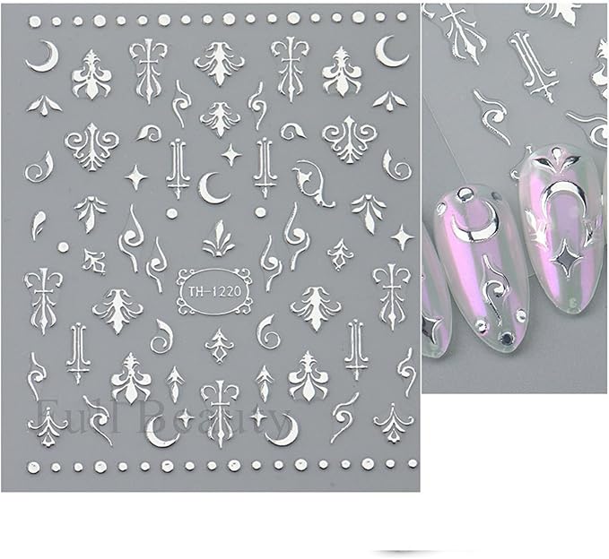 8 Sheets Silver Nail Art Stickers Decals Angel Wings Crosses Nail Stickers Sun Stars Moon Totem Design Nail Decals 3D Self-Adhesive Nail Stickers for Women Manicure Decoration