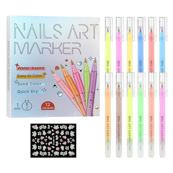 12 Colors Nail Art Pens Set, Nail Polish Pens Quick Dry Na il Polish Markers for DIY Na il Art Design, Acrylic Painting & Dotting, Manicure Tools for Beginners & Professionals