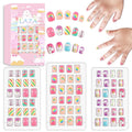 Laza 72pcs Children Nails Press On Pre-glue Full Cover Pink Yellow Blue Heart Doughnut Cloud Unicorn Short False Nail Kits for Kids Teenager Girls - Pink Rainbow