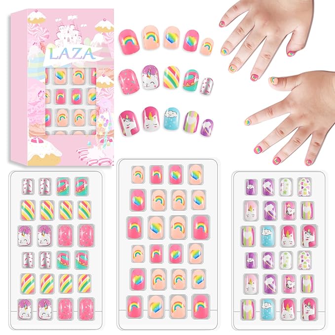 Laza 72pcs Children Nails Press On Pre-glue Full Cover Pink Yellow Blue Heart Doughnut Cloud Unicorn Short False Nail Kits for Kids Teenager Girls - Pink Rainbow