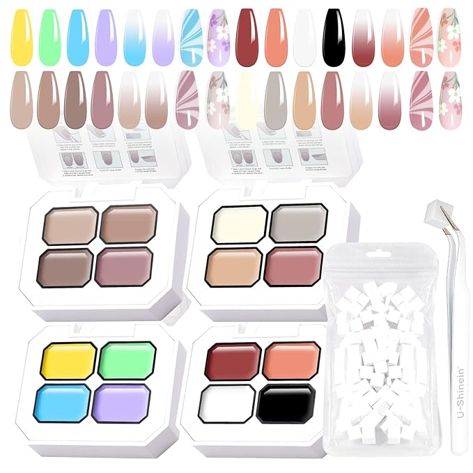 Gradient Gel Nail Set,16 Bright Color for Ombre Almond Nude White＆Black Color for Ombre Nail Polish with Tools Platte Kit, Pat Painting Gel French Nail Manicure No-wipe DIY Art Home Salon