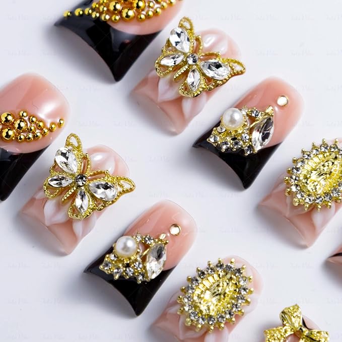 10 Pieces Luxury Acrylic Press On Nails Short Handmade Duck Nails, Pink And Black Thickened False French Nails, Golden Butterflies And Bows, Reusable Fake Nails, Acrylic Nails (L)