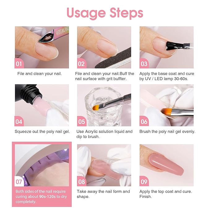 ROSALIND Clear&Deep Nude Extension Gel, 2 PCS 30ml Deep Nude Pink & Clear Poly Nail Gel Kit with UV Lamp