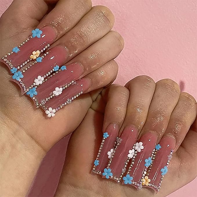 Flower Press on Nails - Long Square Fake Nails - Rhinestone Design - Glue on Nails Blue Floral Stick on Nails- Glossy Summer Nail - Daisy False Nail for Women Manicure 24Pcs