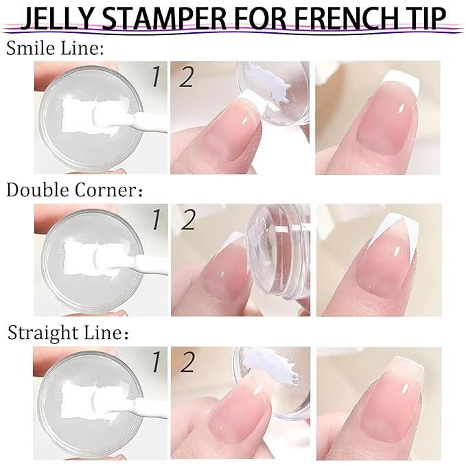 French Tip Nail Stamp Set, Clear Silicone Nails Stamping Jelly Stamper with Scraper & 6Pcs Double Head Nail Art Brushes for DIY& Salon Manicure Art