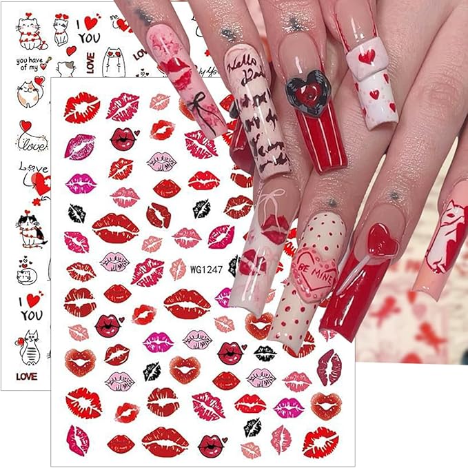 8 Sheets Valentines Nails Stickers 3D Self-Adhesive Heart Nail Art Stickers Cute Cartoon Nail Decals Red Lips Love Balloon Cat Light Cherry Designs Holiday Nails Art Supplies for Women DIY
