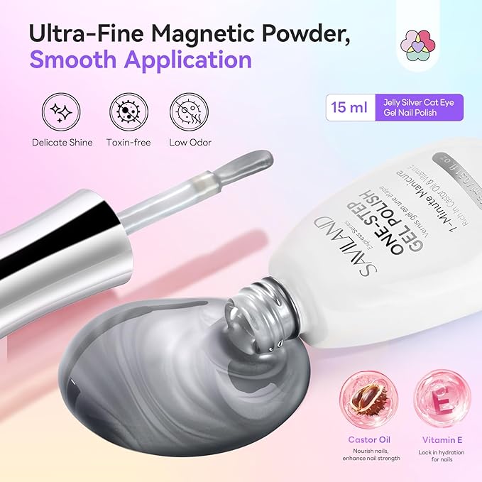 SAVILAND Glassy Cat Eye One-Step Gel Polish Kit: 5-In-1 Jelly Silver Magnetic Gel Nail Polish with Fast Curing Mini U V Nail Lamp Magnet CatEye Nails Home Easy To Use Women Gift 15ML Travel