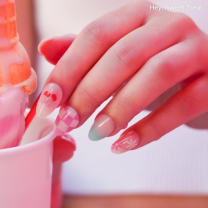 Heyhae Semi Cured Gel Nail Strips | No LED Lamp Needed | Summer, Ombre, Cute | Easy Apply & Remove, Salon Quality | Includes 28 Strips, 1 Prep Pads, Nail File & Wooden Stick - Hey, Sweet Treat