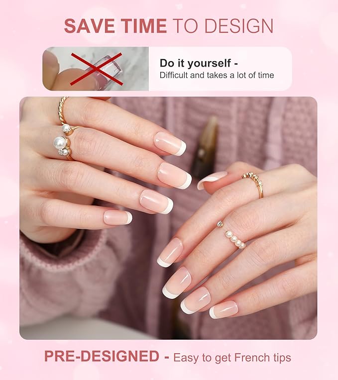 Morily 30PCS Press on Nails, Thicker Fake Nails with Designs Acrylic Stick on Nails for Women Full Cover Finger Manicure False Nail tips in 15 Sizes (Classic French - Nude Pink)