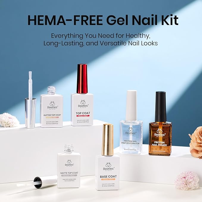 Beetles Protein Nail Prep Dehydrator & Primer with Matte and Glitter Gel Top Base Coat Set, Hema-Free Acid-Free Dehydrator Bond Primer for Acrylic, Gel Nail Polish Gifts