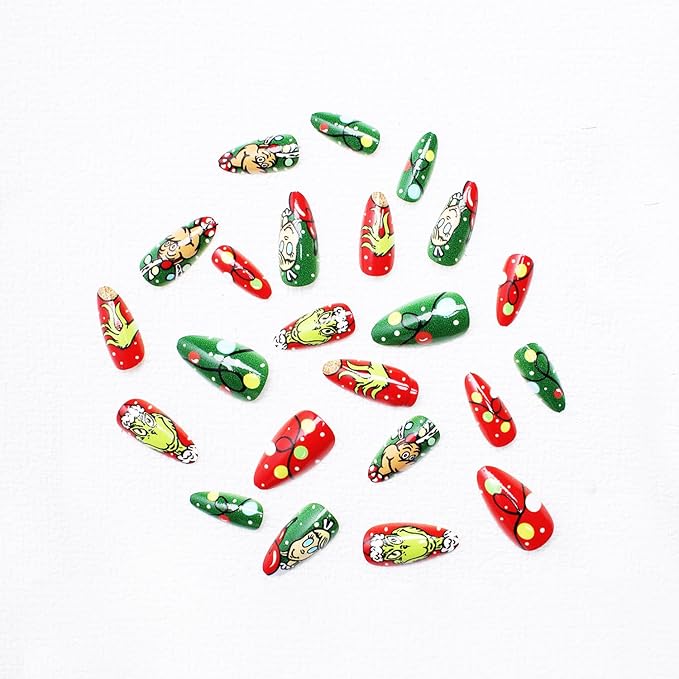 24 Pcs Christmas Medium Almond Press on Nails with Xmas Cartoon Green Monster and Dog Designs Red Green Glossy Acrylic Nails Cute Christmas Nails Full Cover Stick on Nails for Women DIY Manicure