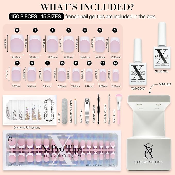 SXC Cosmetics French Tip Press On Nails Pink Series, XS Square X-Pro Tips Starter Kit