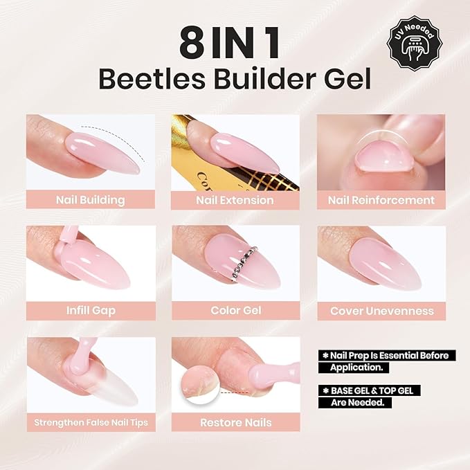 Beetles Builder Gel Set,12 Colors 7 in 1 Nail Thickening Strengthening Building Apex for Beginner DIY Salon at Home,Pink Nude Gel Builder Nail Art Design Beauty Gifts for Women,UV & LED Lamp Needed
