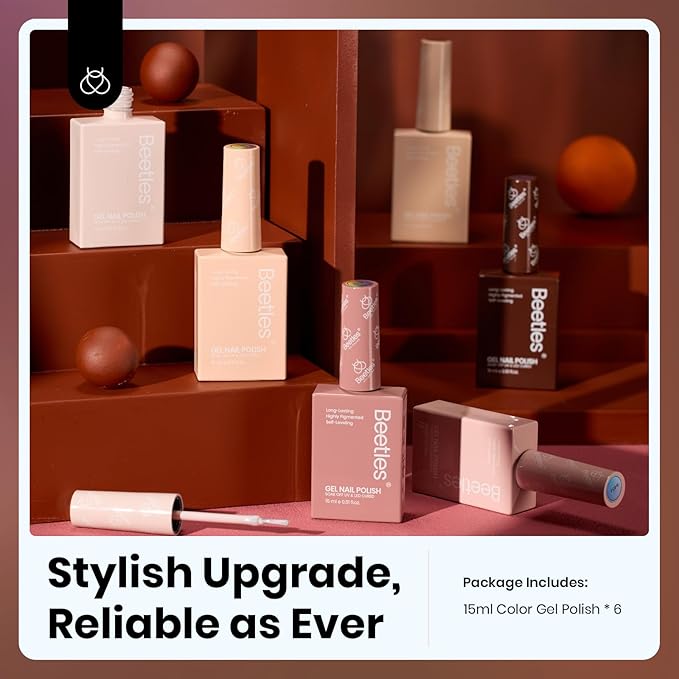 Beetles Neutral Gel Nail Polish Set - 0.51OZ Spring Gel Polish 6 Colors Nude Light Skin Dark Brown Warm Shades Nail Kit Full Size Long Lasting DIY Art Salon Home UV LED Needed Gift for Women