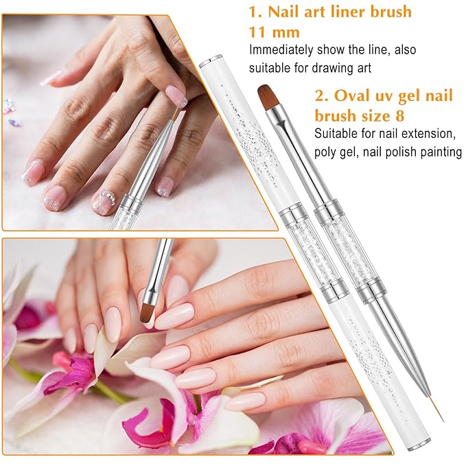 2Pcs Double Ended Nail Builder Gel Brush, Hard Gel French Tip Brushes, Brush Liner with Rhinestone Handle for Salon-Grade Nail Art Design Tool (White)