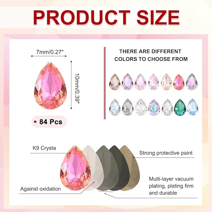 MECCANIXITY Teardrop Rhinestones 7x10mm, 84 Pcs Pointed Back K9 Glass Shiny Drop Shaped Rhinestones Crystal Gems for DIY Jewelry Making Crafts, Rose Red