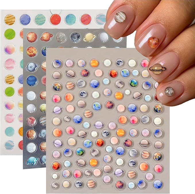 3 Sheets Jelly Planet Series Nail Stickers 5D Embossed Nail Stickers for Nail Art Space Nail Decals with Earth Moon Saturn Designs 3D Nail Art Sticker Cute DIY Self-Adhesive Supplies