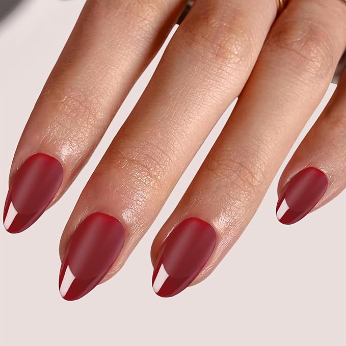 Press On Nails Short Almond Red Nails with Glossy French Tips in a Matte Finish 16 Sizes - 32 Nail Kit with Glue