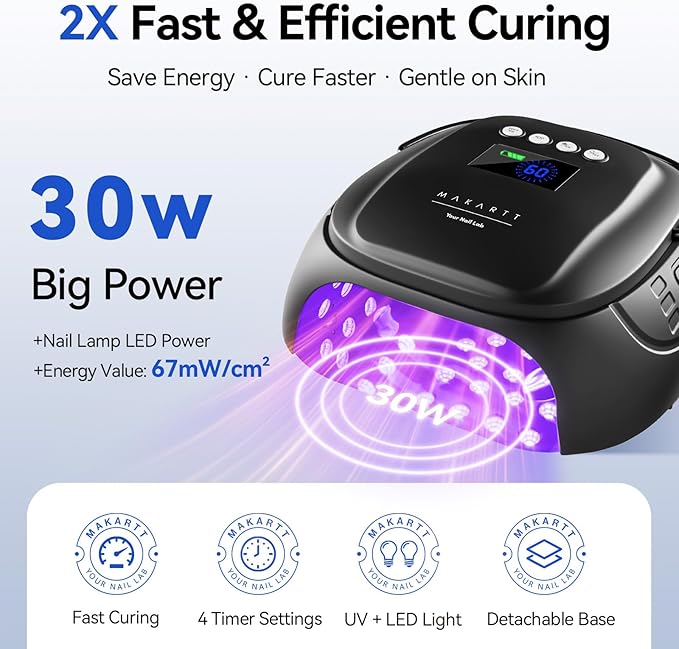 Makartt UV Nail Lamp – 30W Fast Curing UV Light with Handle Rechargeable Cordless Nail Dryer for Gel Nail Polish with 45 Beads Dual Lights 4 Timers LCD Smart Sensor for Nail Art Design(Matte Black)