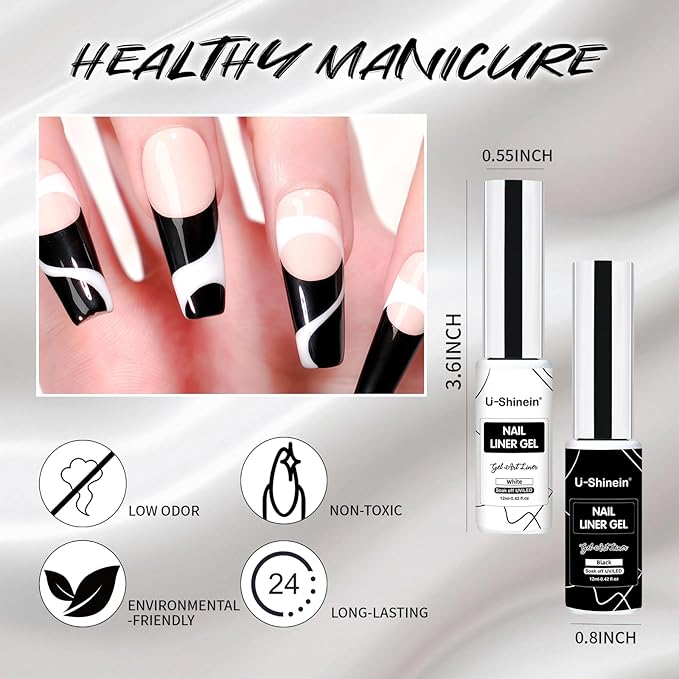 12 ml Painting Liner Gel Polish, High-gloss, Long-lasting Gel Art Classic Black Paint French Butterfly Lines Built-in Fine Nail Brush Soak Off UV/LED Nail polish Nail Gel Nail Art Manicure