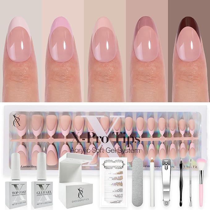 SXC Cosmetics French Tip Press On Nails - Skin Tone Nude and Color Series, Short Almond X-Pro Tips