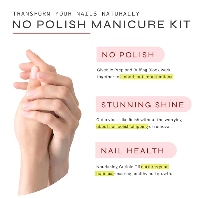 Dr. Dana No Polish Manicure Set - Shine and Strengthen Your Nails with Natural Glycolic Serum, Cuticle Oil, Nail Buffer Block, and Glass Nail File, Nail Care Kit for Healthy Nails