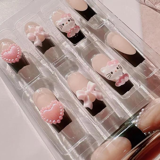 Cute Press on Nails Medium Long Black French Fake Nails Square Pink Glossy 3D Heart False Nail Tips Artificial Nails Finger Manicure for Women 24pcs