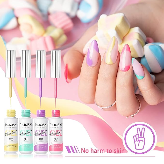 RARJSM Gel Liner Nail Art, Cotton Candy Collection Painting Gelpolish Set Wire Painting Drawing Gel for Nailart Design White Yellow Blue Purple Red Colors