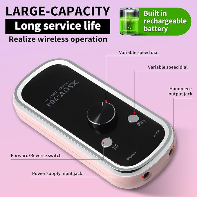 Professional Electric Nail Drill Kit 45000RPM with Bits and Base Pink Portable Rechargeable Cordless Nail E- File Machine for Acrylic Gel Powder Nails and Manicure Pedicure Toenail Tool Set