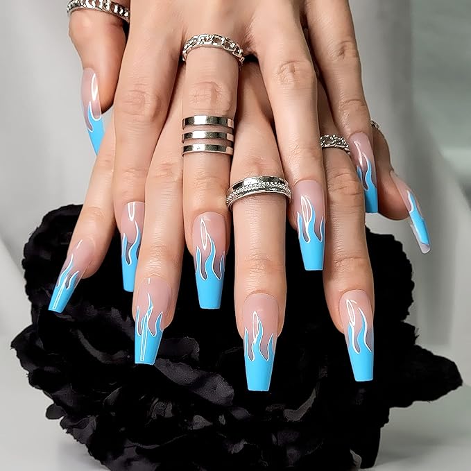 Hypnaughty 24 Pcs Blue Wildfire Fire Flames Extra Long Coffin Press On Nails with Design and Glue XL Nude Pink Nails with French Fire Flames (Blue Wildfire Extra Long)