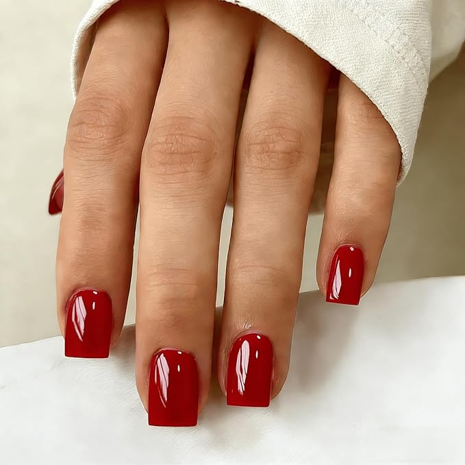 Chrome Red Press on Nails Short Square, Glazed Short Fake Nails with Sparkle Mirror Design, Shiny Glitter Glue on Nails with Glue, Cute Light Red Gel Nail Press ons for Fingernail 30 Pcs