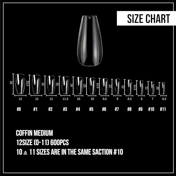 Nail Gel-X Natural Coffin Medium Tips Set - NeVi USA Premium Quality, 600 Tips in 12 Sizes - Complete DIY Nail Extension Kit | No Size 00 Included#10&11 are in the same section #10