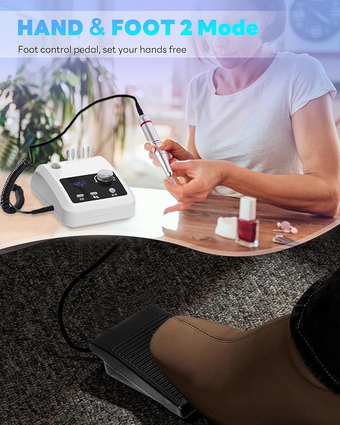 CozyZen Electric Nail Drill Professional: 45000 RPM Nail File Kit Machine with LCD Display, Hand & Foot Control Low Noise for Acrylic, Gel Nails, Manicure & Pedicure - Salon & Home Use (White Plus)
