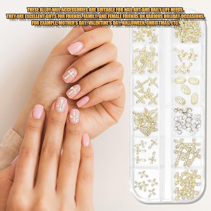 3D Cross Nail Charms for Nail Art, 60 Pcs Metal Crystal Cross Nail Decorations, Alloy Nail Studs and Rhinestones for Women Girl DIY Jewelry Crafts Supplies (Gold C)