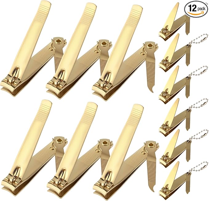 Bememo 12 Pieces Stainless Nail Clippers Set Fingernail and Toenail Clippers Nail Cutter Tool Set for Men and Women(Gold)