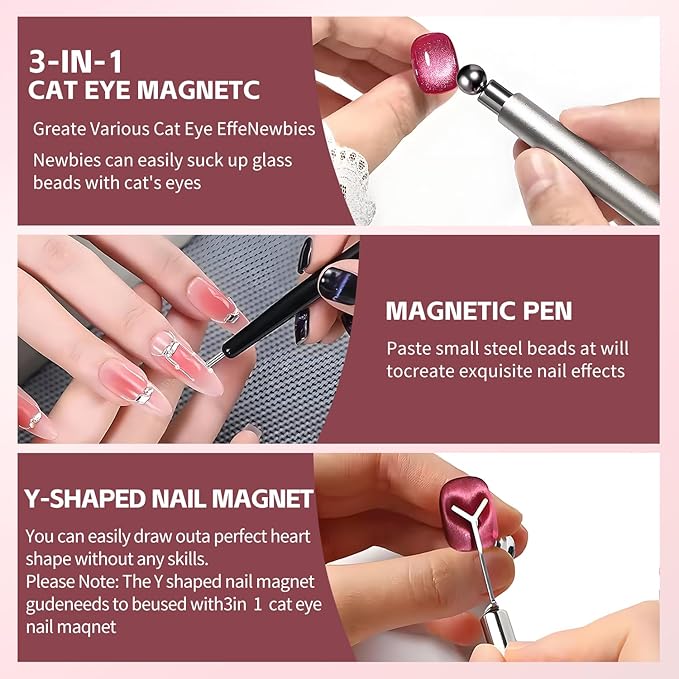 4-Piece Cat Eye Magnet Set – Silver Dual-Ended Nail Magnet With Round Bead, Heart Nail Magnets for Nail Art, and Black Magnetic Bead-Pickup Pen, Magnet for Cat Eye Gel Polish DIY Nail Designs