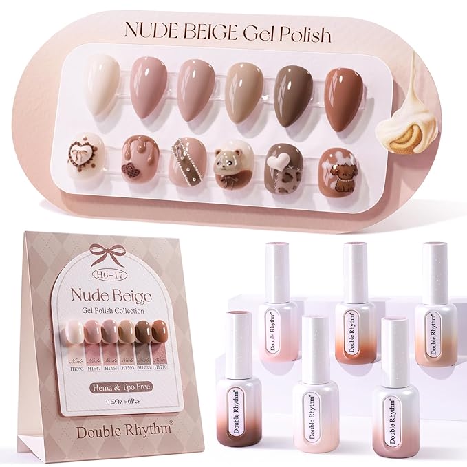 Double Rhythm 6 Pcs Hema Free Gel Polish Set 0.50 OZ Same Color Same Bottle Soak Off Neutral Natural Milky Gel Polish Kit Nail Art Manicure Salon DIY at Home (White Pink Nude Brown-H6-17)