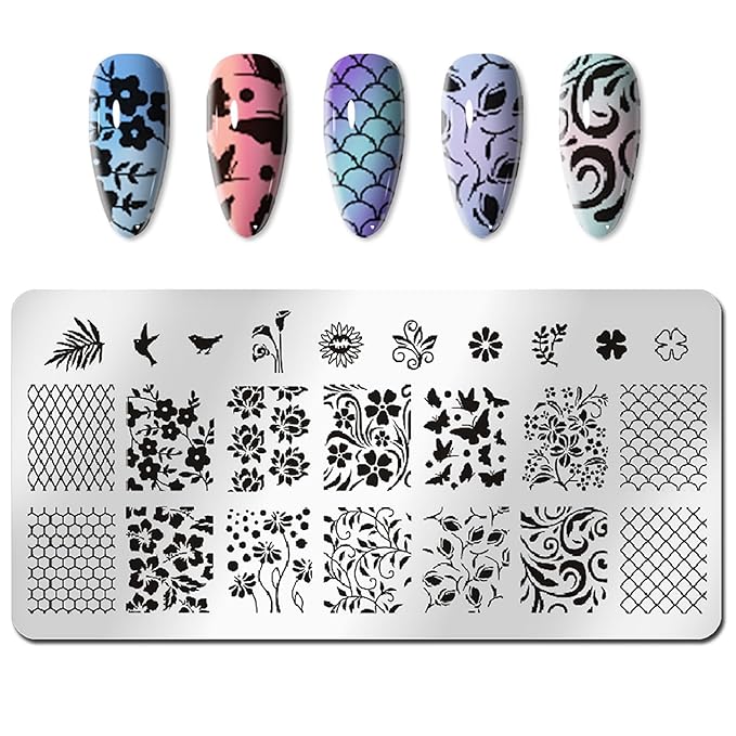 WOKOTO 6Pcs Nail Art Stamping Plates Kit with Flower Butterflies Rose Bird Image Templates Stamping Nail Art Tools Nail Stamp Kit