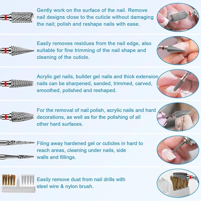 Diesisa 6 Pack Nail Drill Bits for Acrylic Nails, 3/32"" Shank Drill Bits for Nails, Professional Electric Cuticle Bit for Nail Drill, Cuticle Cleaner Nail Gel Polish Remover Tool for Home Salon-Red