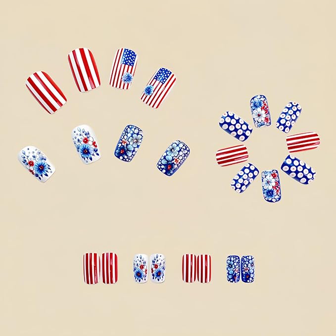 Press on Nails Independence Day Medium Square Fake Nails Blue Flower False Nails for Women Polka Dot Stick on Nails Summer Independence Day Fake Nails Stripe Glue on Nails 24Pcs