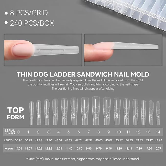 YOKEFELLOW Original Sandwich Nails Dual Forms - 240Pcs Long Coffin Nail Mold for Quick Nails Extension, No Paper Forms Needed, 15 Sizes Plastic Form, Salon Nail Art Tools