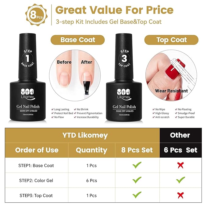 YTD Likomey Reflective Glitter Gel Nail Polish Set,Flash 6 Colors with Base and Top Coat Kit,Fall Winter Brown Gold Red Green Purple Diamond Sparkle Manicure UV Color Nail Varnish,8 Pcs 7.5 ml