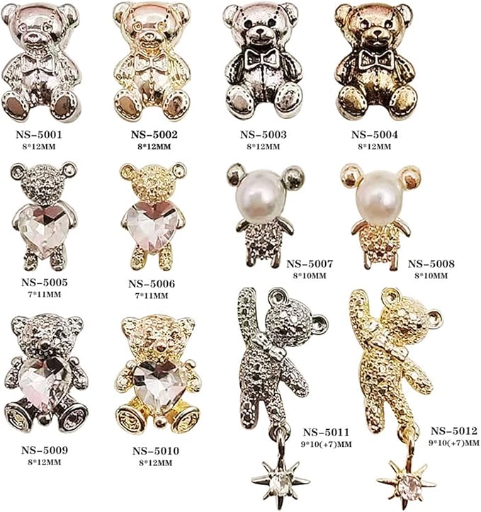 Bear Nail Art Decorations, Alloy Bear Nail Glitter Design, 24pcs Gold and Silver Metal Cute Bear Nail Rivet Rhinestone for Women Girls Manicure Charms Decoration, DIY Jewelry Making Craft Supplies